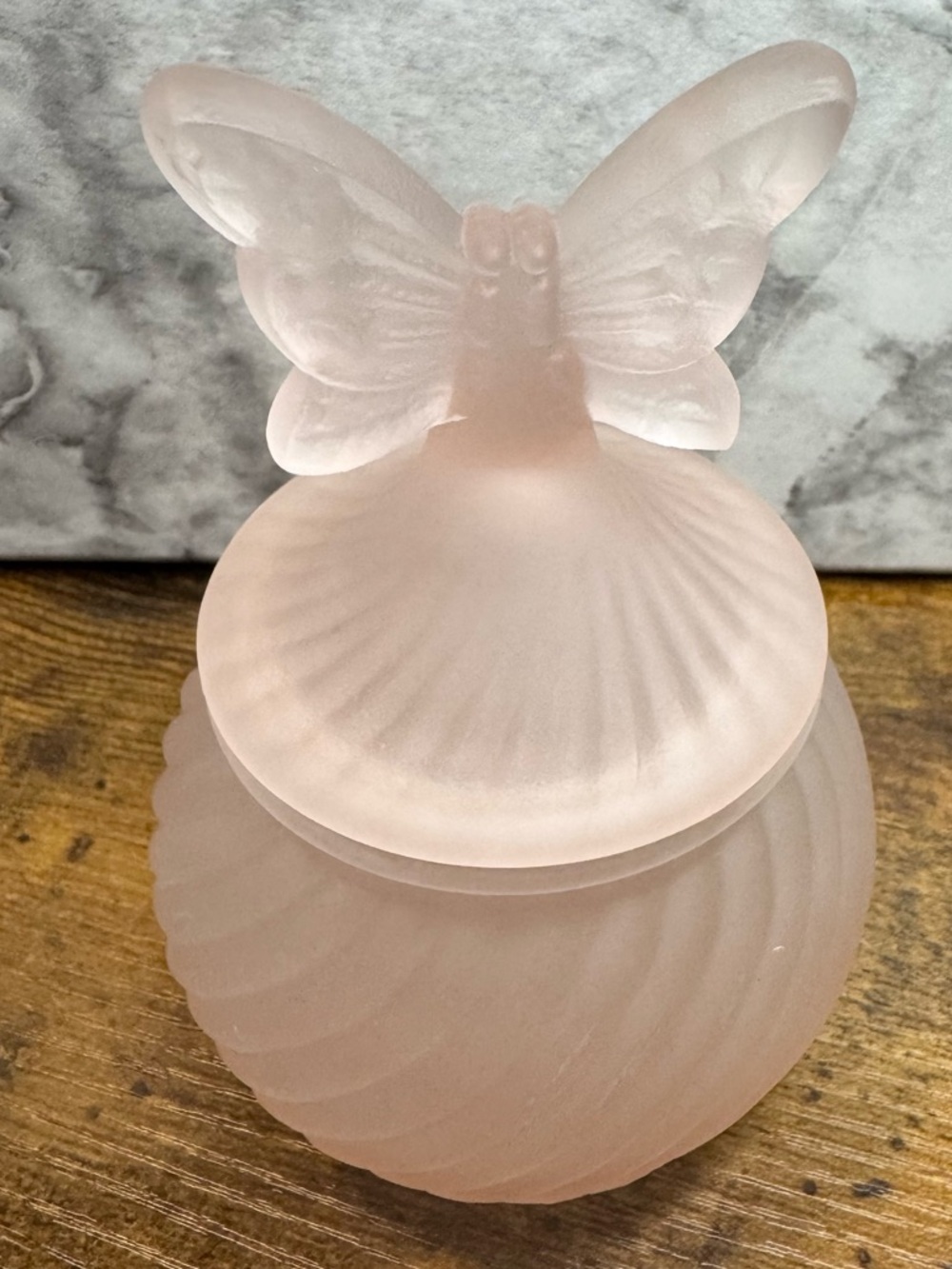 Vintage Colonial Candle Pink Frosted Glass Butterfly Trinket Jar Taiwan